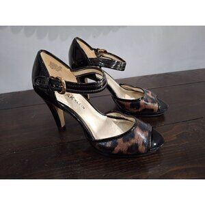 Anne Klein Etenia Black Leopard Print Peep-Toe Heels/Sz. 6M